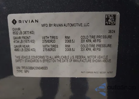 2025 Rivian R1S Adventure Dual Motor Large Pack/Adventure Dual Motor Max Pack z USA, uszkodzony, nr VIN 7PDSGBBA2SN048023
